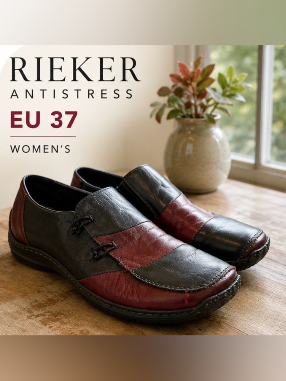 Rieker Antistress Leather Loafers Burgundy Black Slip On EU 37
